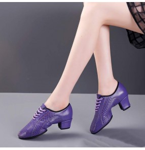 Women girls violet leather breathable latin ballroom dance shoes soft rubber soles jazz waltz tango performance shoes